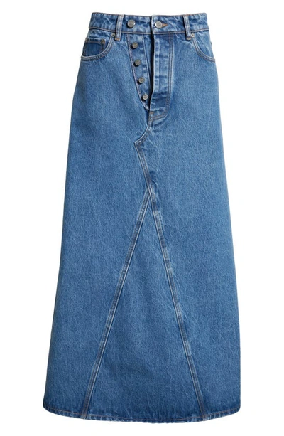 Ganni Dyed Button-fly Denim Maxi Skirt In Mid Blue Stone