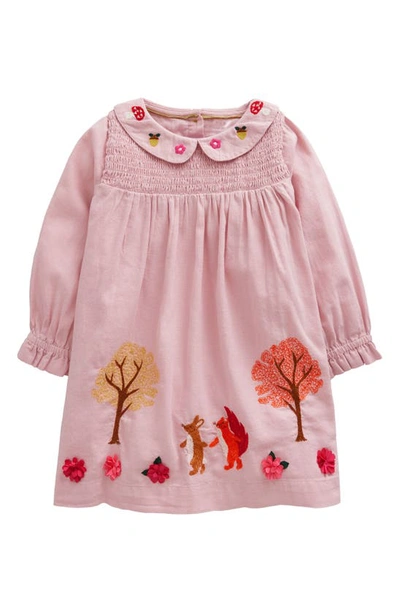 Mini Boden Kids' Smocked Yoke Long Sleeve Cotton Dress In French Pink Woodland