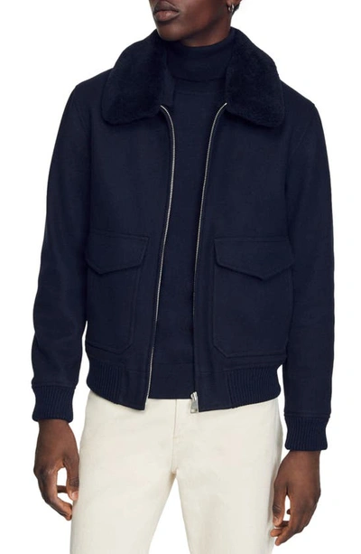 Sandro Shearling Collar Aviator Jacket In Navy Blue