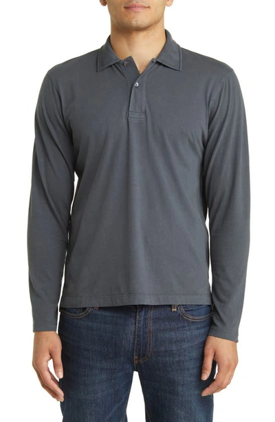 Buck Mason Sueded Long Sleeve Cotton Polo In Blue Onyx