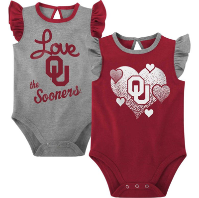 Outerstuff Babies' Girls Newborn & Infant Crimson/gray Oklahoma Sooners Spread The Love 2-pack Bodysuit Set In Crimson,gray