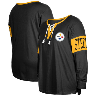 New Era Black Pittsburgh Steelers Plus Size Lace-up Notch Neck Long Sleeve T-shirt