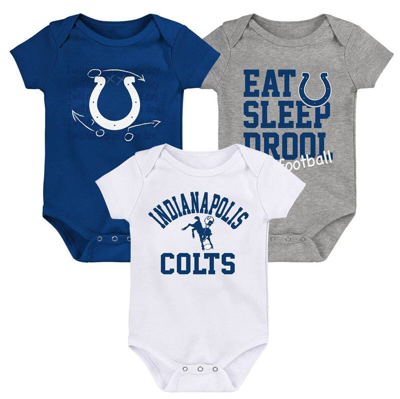 Outerstuff Babies' Newborn & Infant Royal/white/heather Gray Indianapolis Colts Three-pack Eat, Sleep & Drool Retro Bod In Royal,white,heather Gray