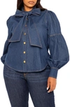 Buxom Couture Bow Neck Puff Shoulder Denim Shirt In Denim Blue