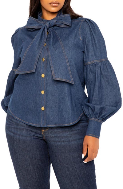 Buxom Couture Bow Neck Puff Shoulder Denim Shirt In Denim Blue