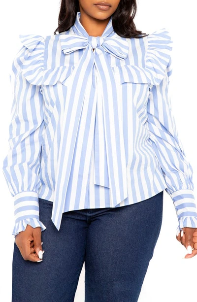 Buxom Couture Stripe Ruffle Bow Neck Shirt In Blue