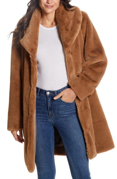 Gallery Hooded Faux Fur Coat In Cognac