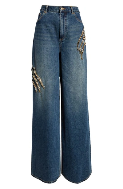 Area Embellished Claw Cutout Relaxed Jeans In Blue
