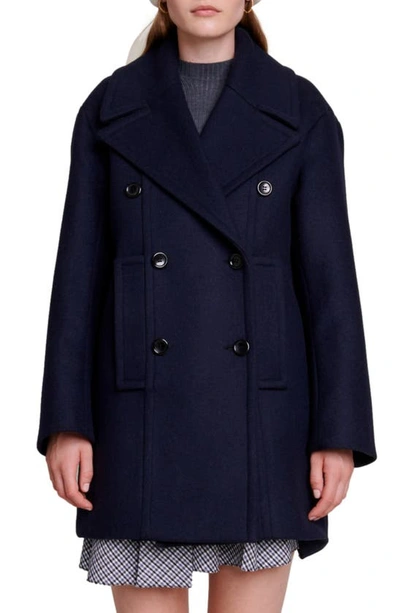 Maje Galeto Double Breasted Wool Blend Coat In Navy