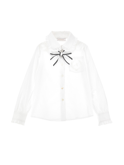 Monnalisa Kids'   Cotton Shirt With Bow In White + Grey