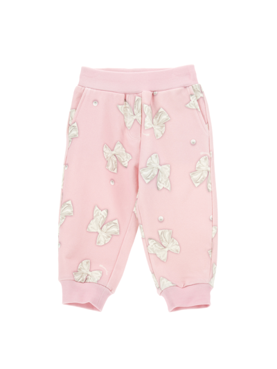 Monnalisa Kids'   Bow Print Fleece Joggers In Antique Rose + Cream