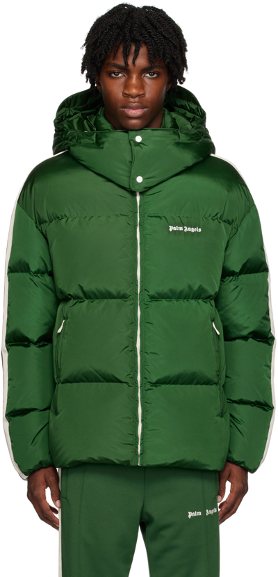 Palm Angels Logo Printed Zipped Down Jacket In Forest Green,white