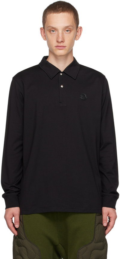 Moncler Logo Patch Long-sleeve Polo Shirt In Black