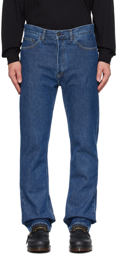 Carhartt Wip Mens Blue Brandon Logo-patch Wide-leg Relaxed-fit Jeans