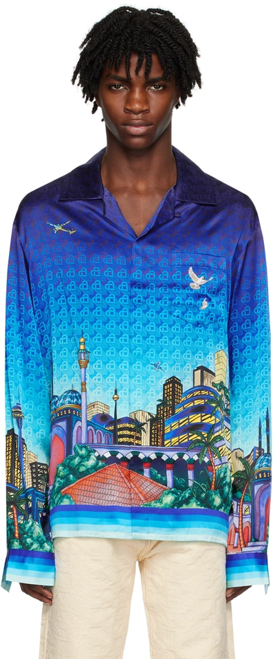 Casablanca Men's Graphic Silk Cuban-collar Sport Shirt In Blue