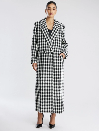 Bcbgmaxazria Maria Oversized Double-breasted Full Length Coat In Ivory-blk Checkered Plaid