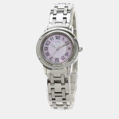 Pre-owned Hermes Mop Stainless Steel Clipper Cp1.210 Women's Wristwatch 24.5 Mm In Pink