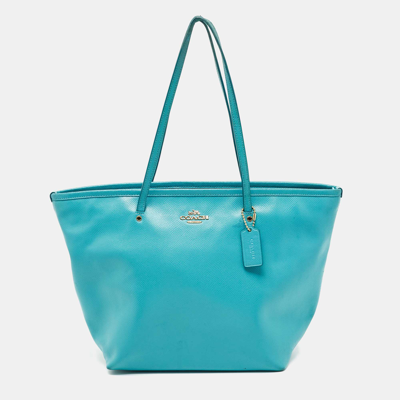 Pre-owned Coach Turquoise Blue Leather Street Zip Tote