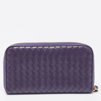 Pre-owned Bottega Veneta Purple Intrecciato Leather Zip Around Wallet