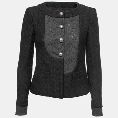 Pre-owned Chanel Black Cotton & Lace Button Front Collarless Jacket S