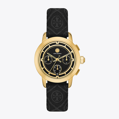 Tory Burch Tory Chronograph Watch, T Monogram Jacquard/ Leather/ Gold-tone Stainless Steel In Black/gold/black T Monogram Jacquard