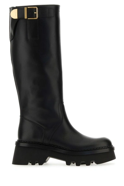 Chloé Owena Tall Leather Buckle Boots In Black