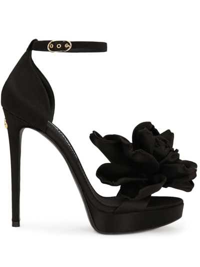 Dolce & Gabbana Elegant Floral-appliqué Platform Sandals In Black