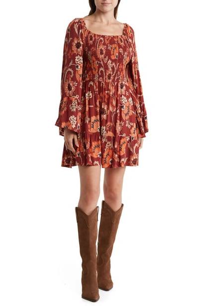 Angie Floral Long Sleeve Tiered Dress In Rust