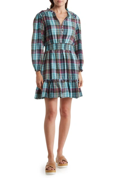 Angie Plaid Long Sleeve Dress In Teal Multi