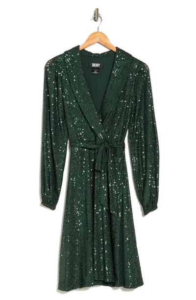 Dkny Sequin Belted Long Sleeve Dress In Pine | ModeSens
