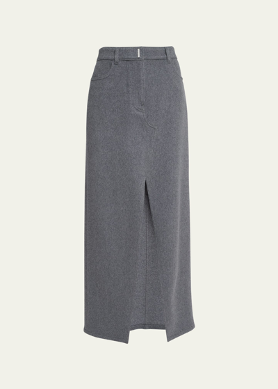 Givenchy Felted Wool Midi Skirt With Front Slit In Dark Grey