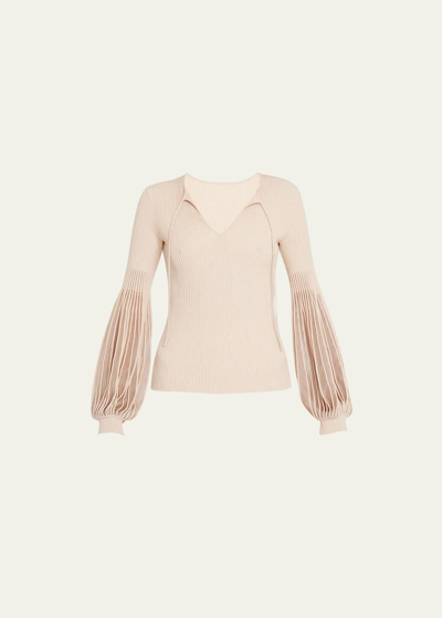 Ulla Johnson Lenora Puff-sleeve Rib-knit Split-neck Top In Cherry Blossom