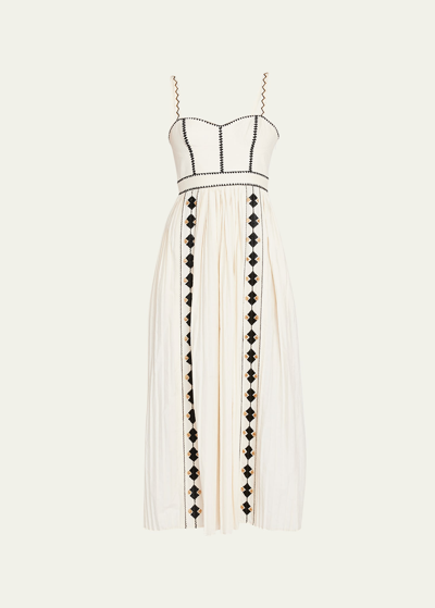 Ulla Johnson Elin Embroidered Poplin Pleated Bustier Midi Dress In Ivory