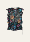Ulla Johnson Dominique Split-neck Floral Silk Chiffon Top In Black Iris