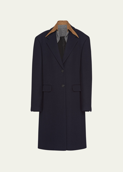 Prada Single-breasted Cachemire And Wool Coat With Collar In F0l7j Blu Sughero