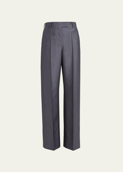Valentino Pleated Wide-leg Wool Trousers In Dark Grey Melange