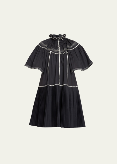 Ulla Johnson Desi Embroidered Pleated-skirt Mini Dress In Noir