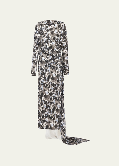 Prada Long Printed Satin Dress In F0276 Acciaio