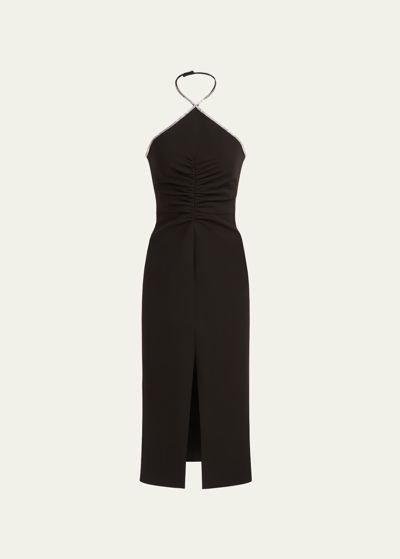 HALSTON PIPER CRYSTAL-TRIM CREPE MIDI HALTER DRESS
