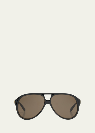 Gucci Men's Archive Details Acetate Aviator Sunglasses In Black