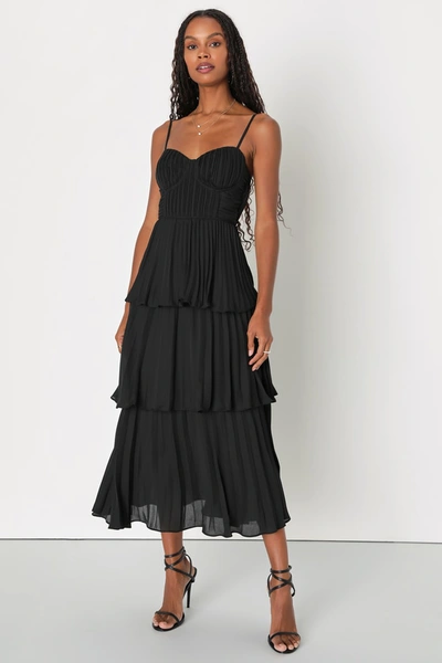Lulus Cascading Crush Black Tiered Bustier Midi Dress