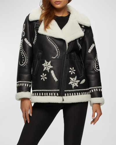 Gorski Wool Embroidered Lamb Shearling Moto Jacket In Black / White