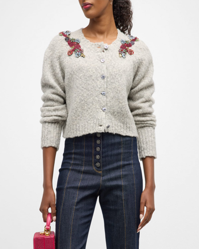 Cinq À Sept Daisies Millie Beaded Wool Blend Cardigan In Heather Grey