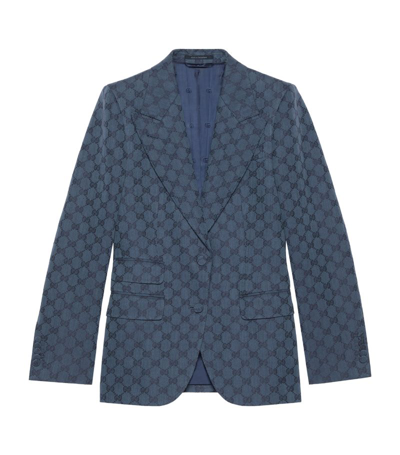 Gucci Jacket In Linen And Gg Jacquard Cotton In Blue