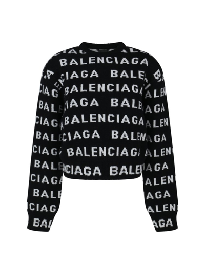 Balenciaga Intarsia-knit Logo-print Knit Jumper In Schwarz