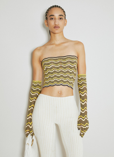 Isa Boulder Wave Knit Bandeau Top With Glove Set In Yellow
