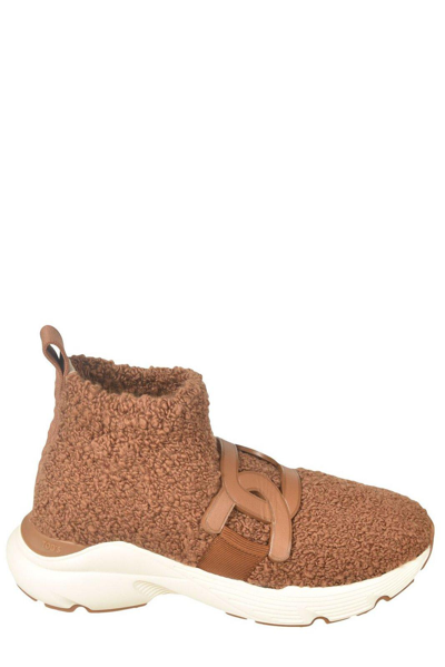 Tod's Shearling Logo-plaque Slip-on Trainers In Brown