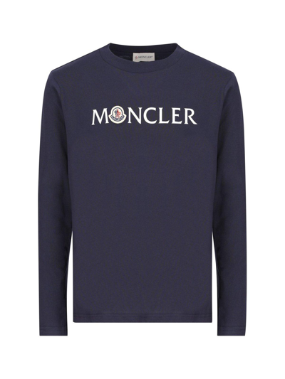 Moncler Kids' Logo-patch Long-sleeved Crewneck T-shirt In (blu)