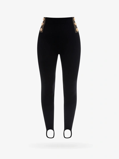 Balmain Button-embellished Metallic Ribbed-knit Stirrup Leggings In Black