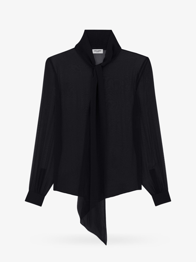 Saint Laurent Transparent Silk Pussy Bow Blouse Shirt, Blouse Black